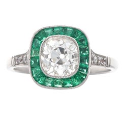 Art Deco Revival 1.22 Carat Old Mine Cut Diamond Emerald Platinum Ring
