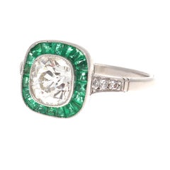 Art Deco Revival 1.22 Carat Old Mine Cut Diamond Emerald Platinum Ring