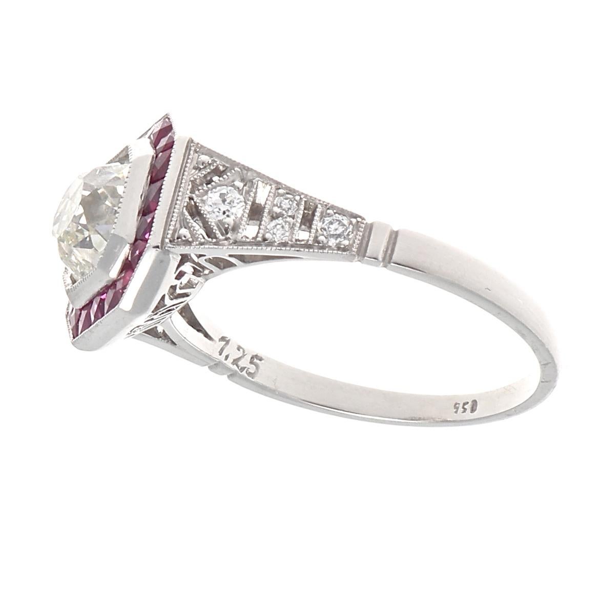 Old European Cut Art Deco Style 1.25 Carat Diamond Ruby Platinum Engagement Ring