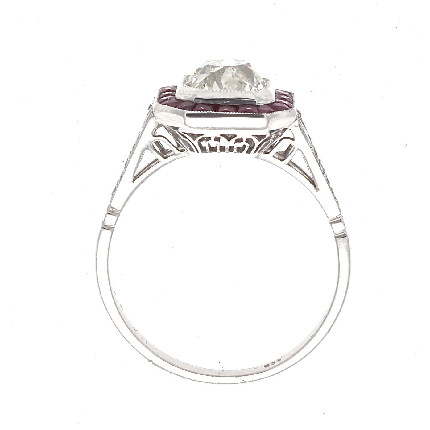 Art Deco Style 1.25 Carat Diamond Ruby Platinum Engagement Ring In New Condition In Beverly Hills, CA