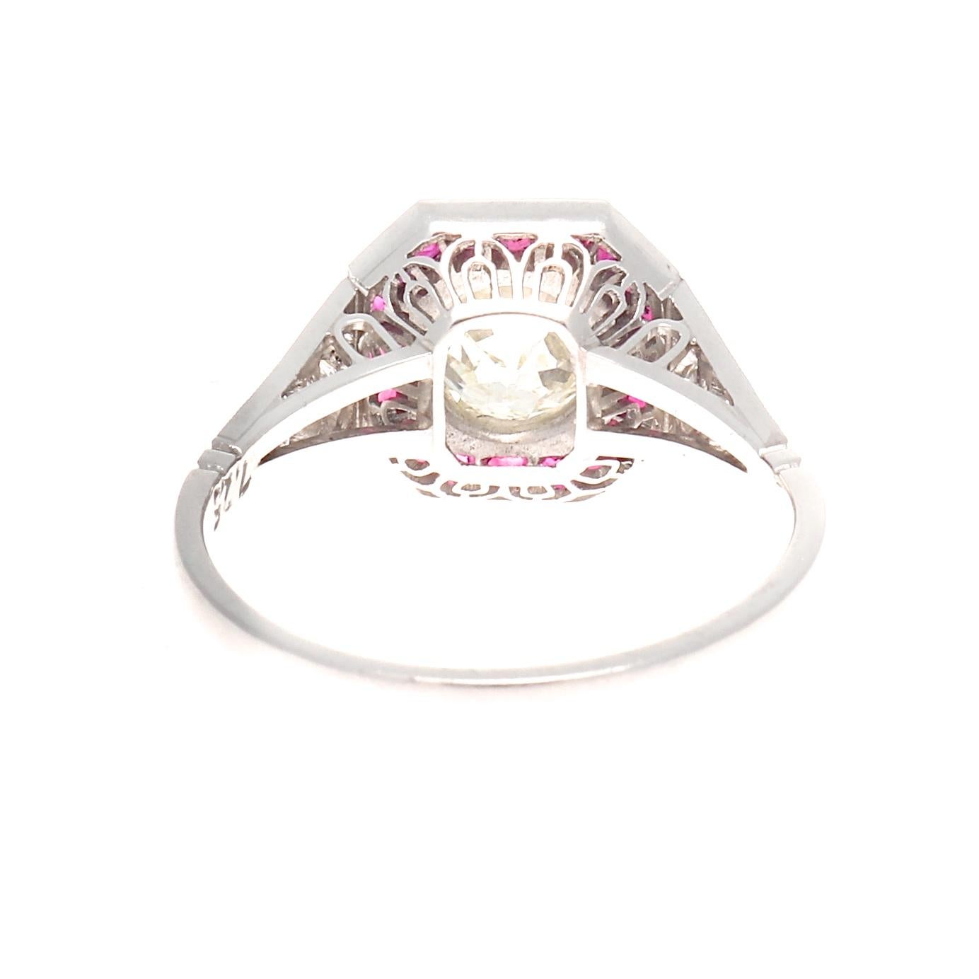 Women's Art Deco Style 1.25 Carat Diamond Ruby Platinum Engagement Ring