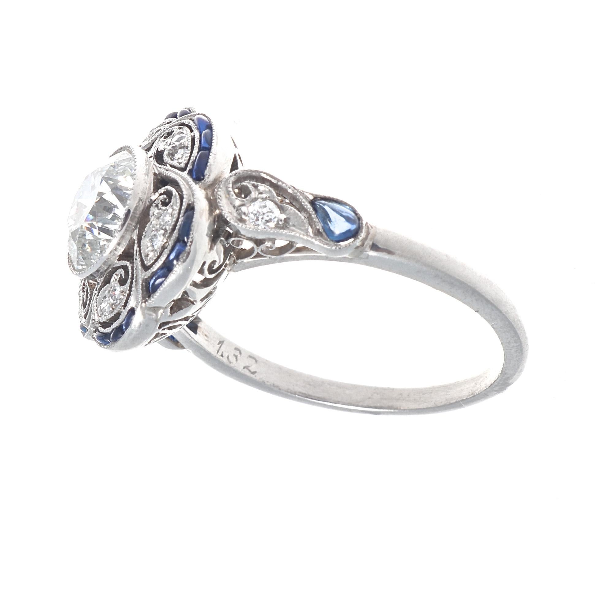 Art Deco Revival 1.32 Carat Diamond Sapphire Platinum Ring In New Condition In Beverly Hills, CA