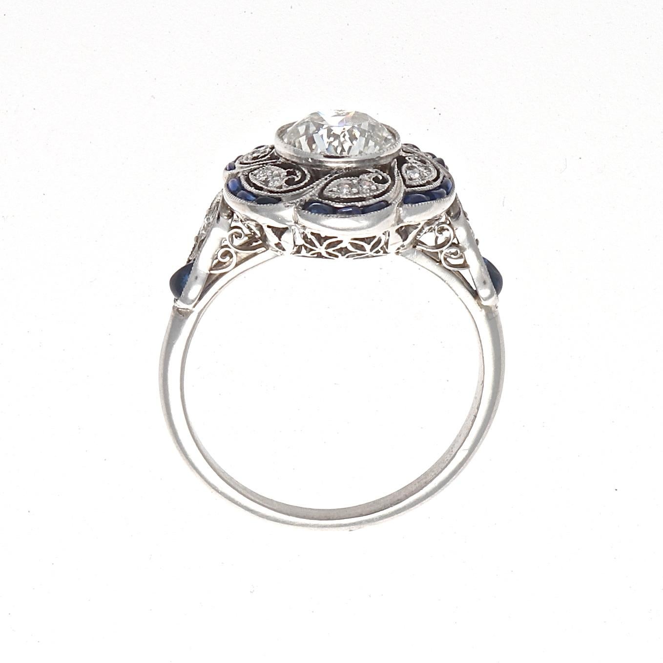Women's Art Deco Revival 1.32 Carat Diamond Sapphire Platinum Ring