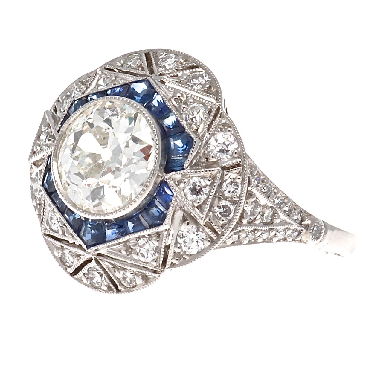 Inspired by the Golden era of jewelry this ring features symmetry and design, two key components of Art Deco masterpieces. Featuring a 1.33 carat old European cut diamond that is I color, SI1 clarity. Set in a hand crafted platinum ring with royal