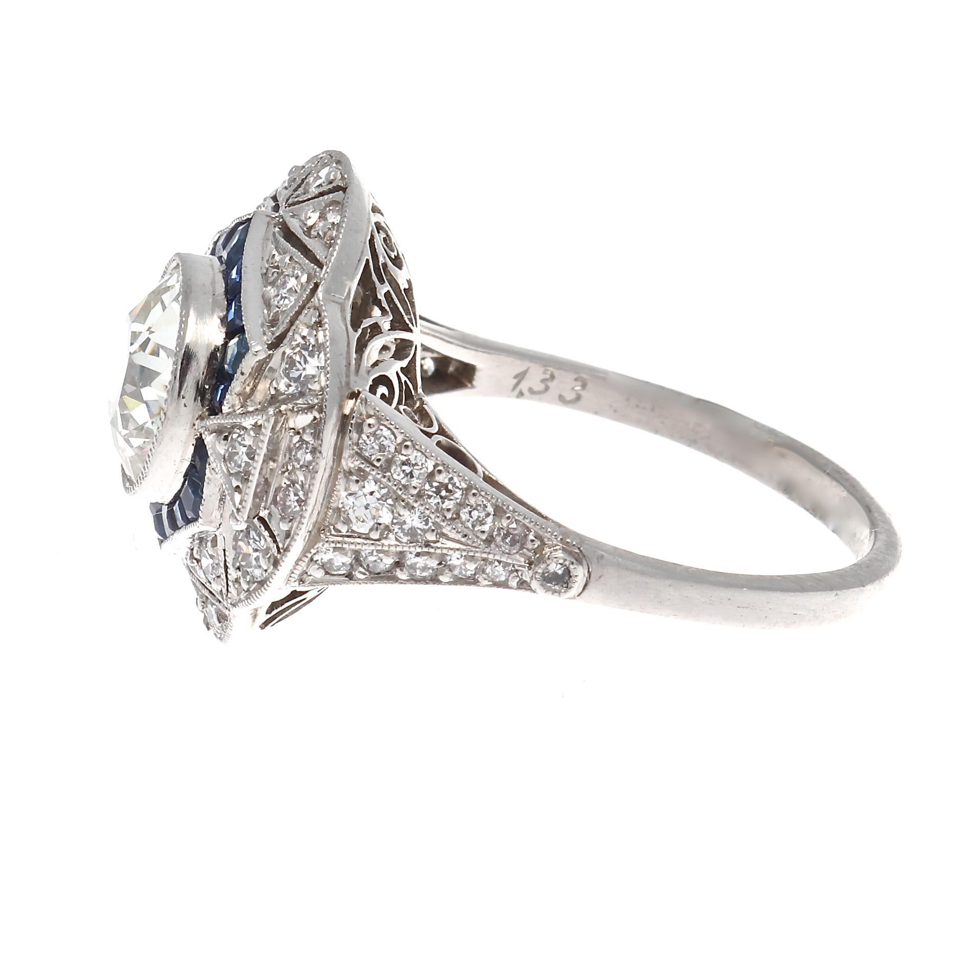 Old European Cut Art Deco Style 1.33 Carat Diamond Sapphire Platinum Engagement Ring