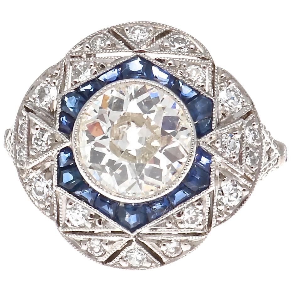 Art Deco Style 1.33 Carat Diamond Sapphire Platinum Engagement Ring