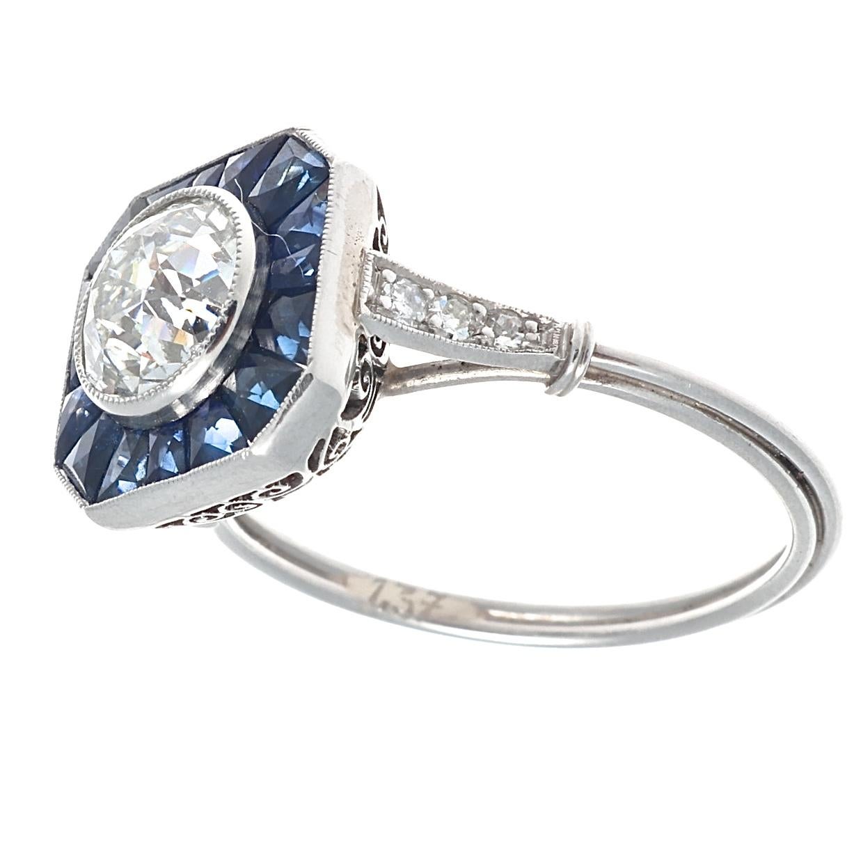 Old European Cut Art Deco Style 1.37 Carat Diamond Sapphire Platinum Engagement Ring