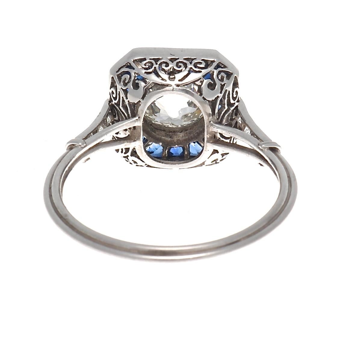 Women's Art Deco Style 1.37 Carat Diamond Sapphire Platinum Engagement Ring