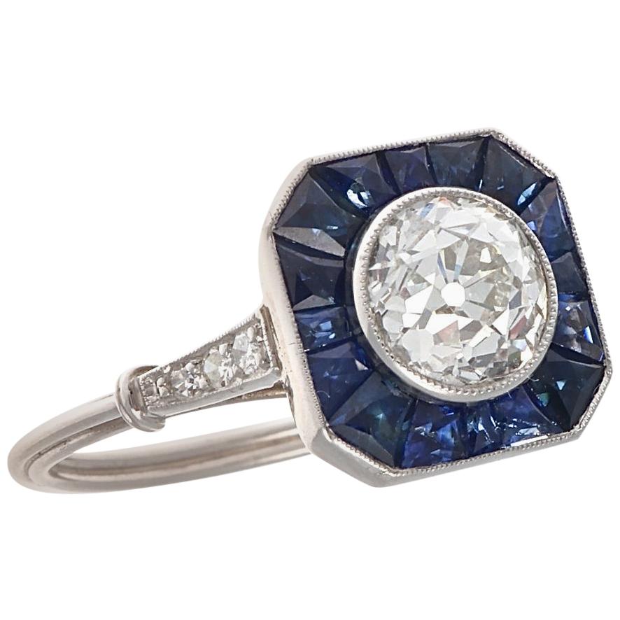 Art Deco Style 1.37 Carat Diamond Sapphire Platinum Engagement Ring