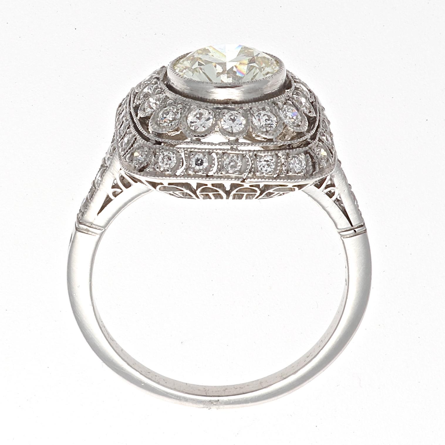 Art Deco Style 1.43 Carat Old European Cut Diamond Platinum Ring im Zustand „Neu“ in Beverly Hills, CA