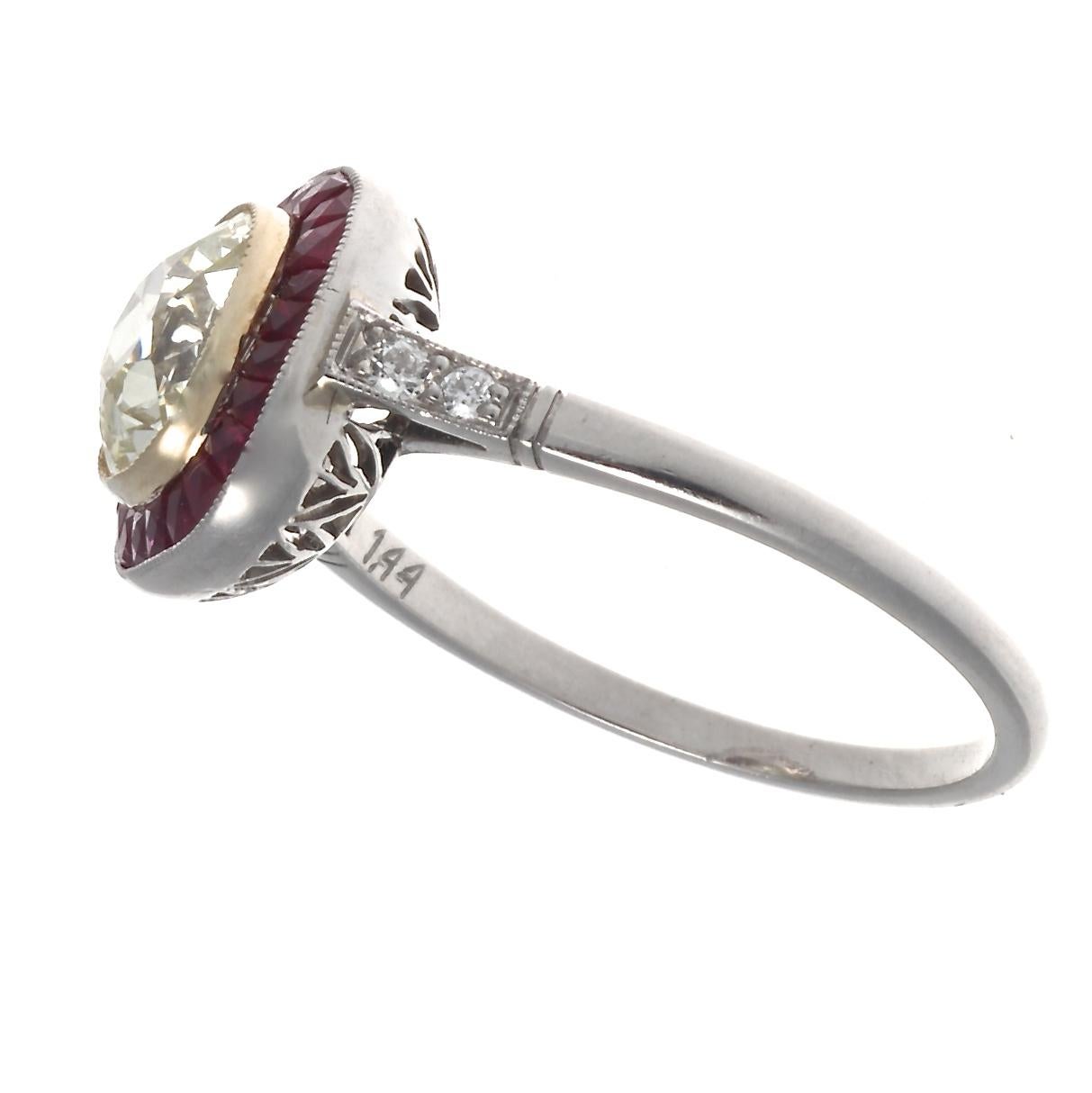 Art Deco Style 1.44 Carat Old Mine Cut Diamond Ruby Platinum Engagement Ring In New Condition In Beverly Hills, CA