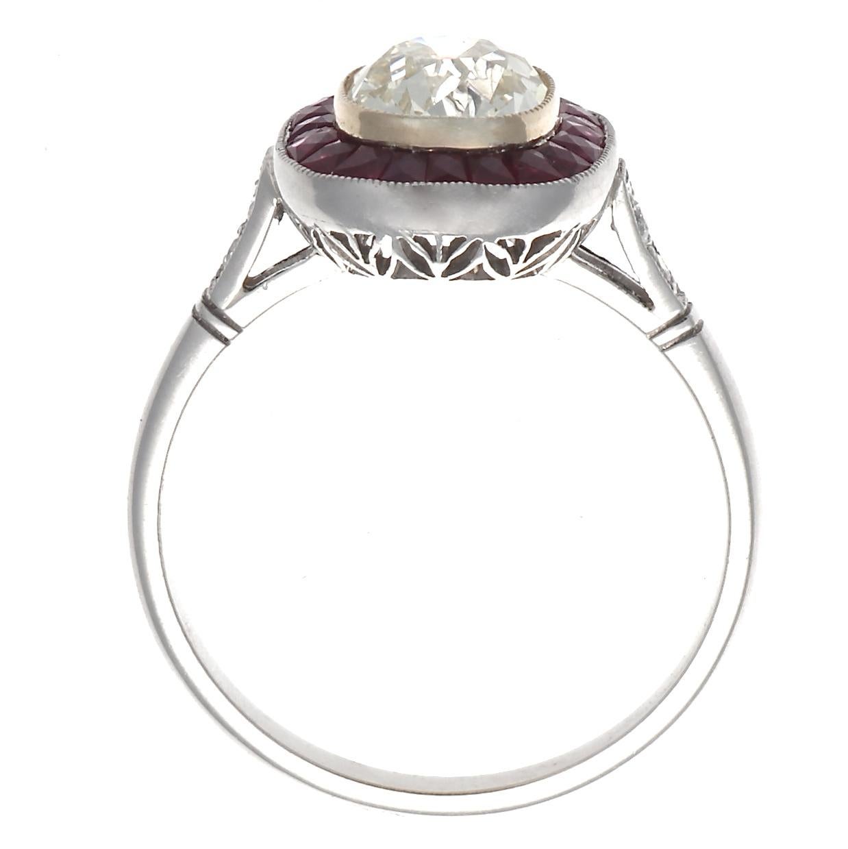 Women's Art Deco Style 1.44 Carat Old Mine Cut Diamond Ruby Platinum Engagement Ring