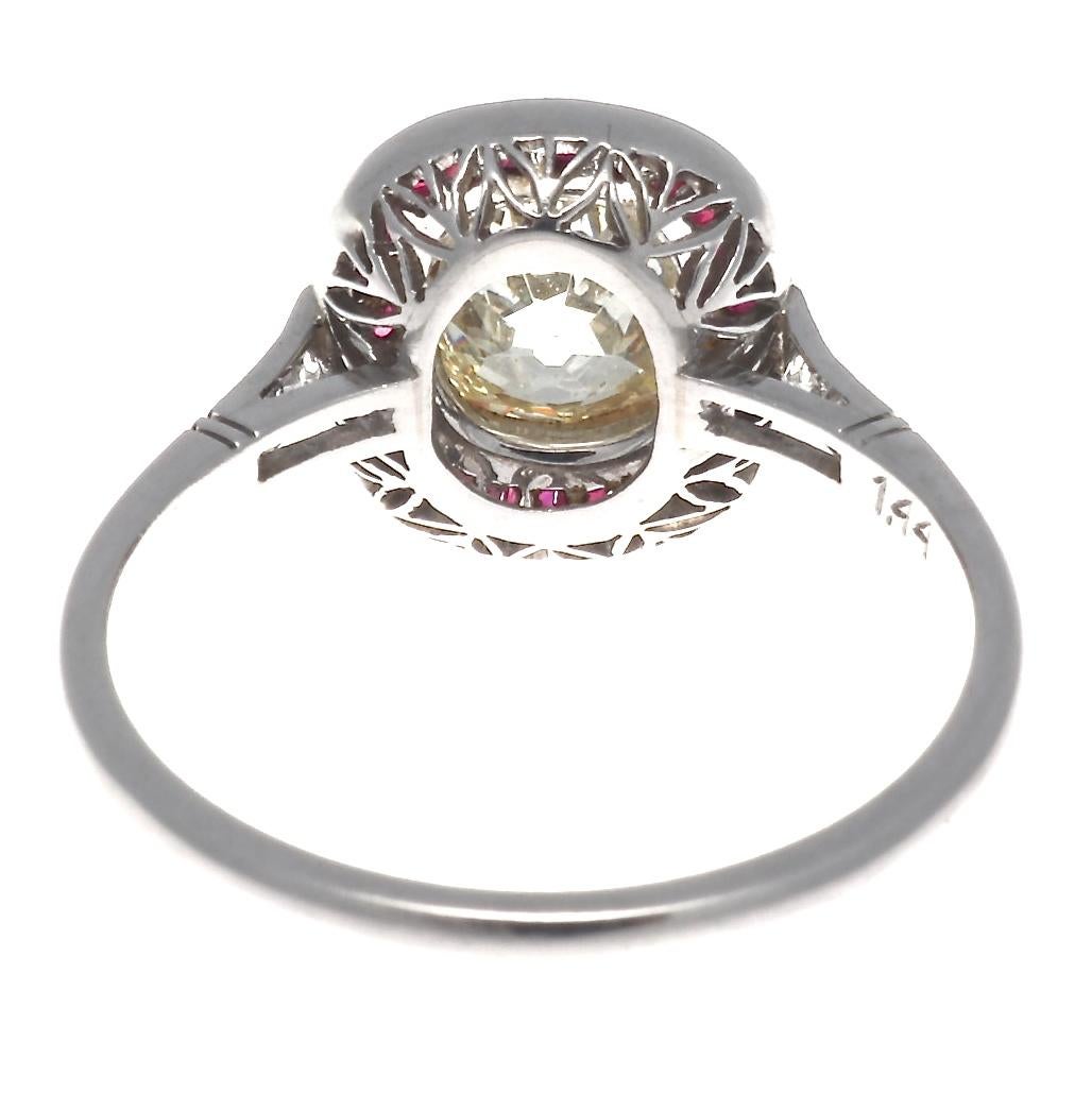 Art Deco Style 1.44 Carat Old Mine Cut Diamond Ruby Platinum Engagement Ring 1