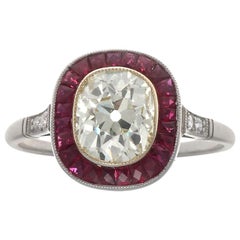 Art Deco Style 1.44 Carat Old Mine Cut Diamond Ruby Platinum Engagement Ring