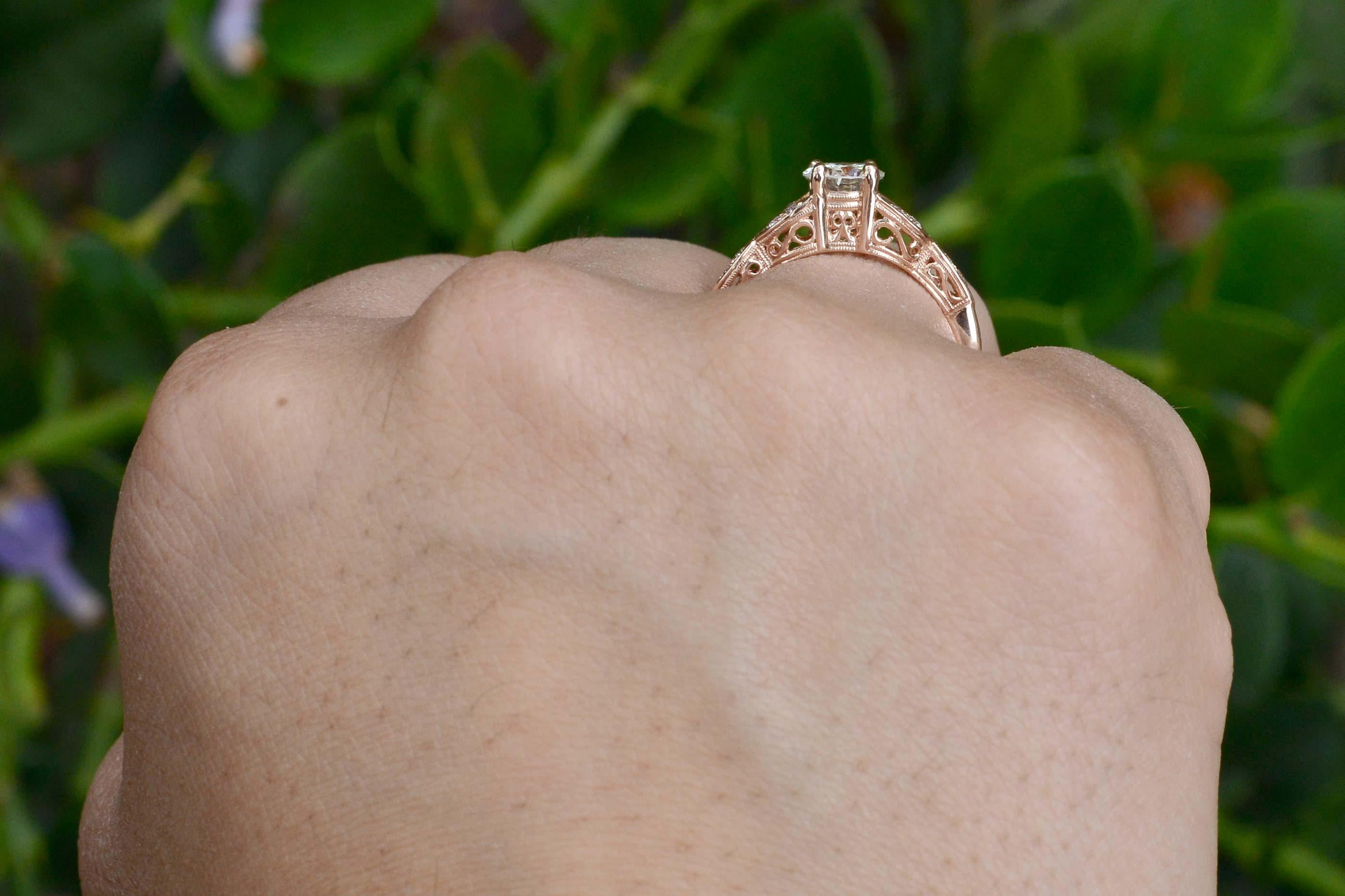 Round Cut Art Deco Style 14 Karat Gold Round Brilliant Diamond Solitaire Engagement Ring