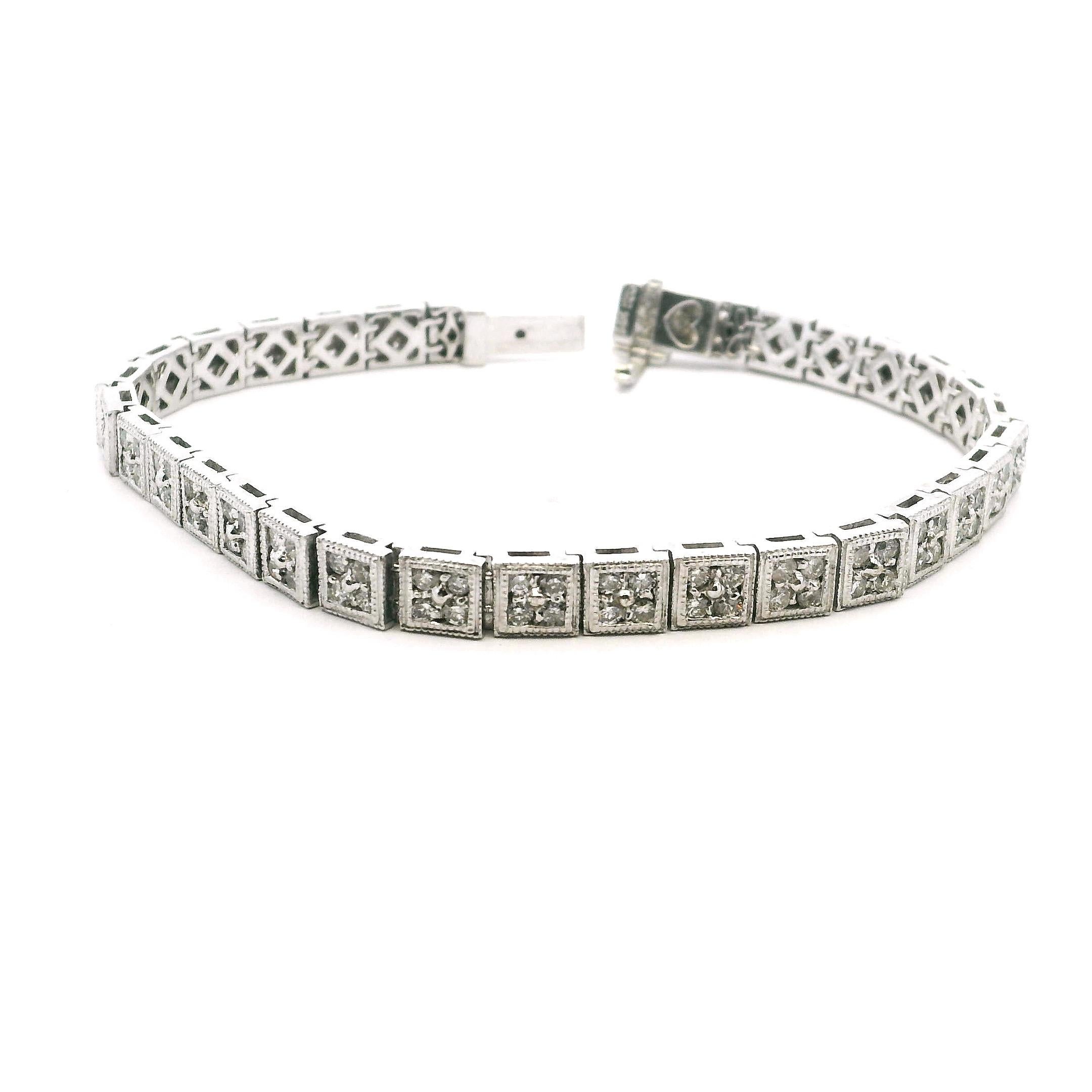 Pulsera de filigrana de diamantes Art Decó Revival de oro blanco de 14 quilates, 3,00 quilates de diamantes, 7 pulgadas en venta 4