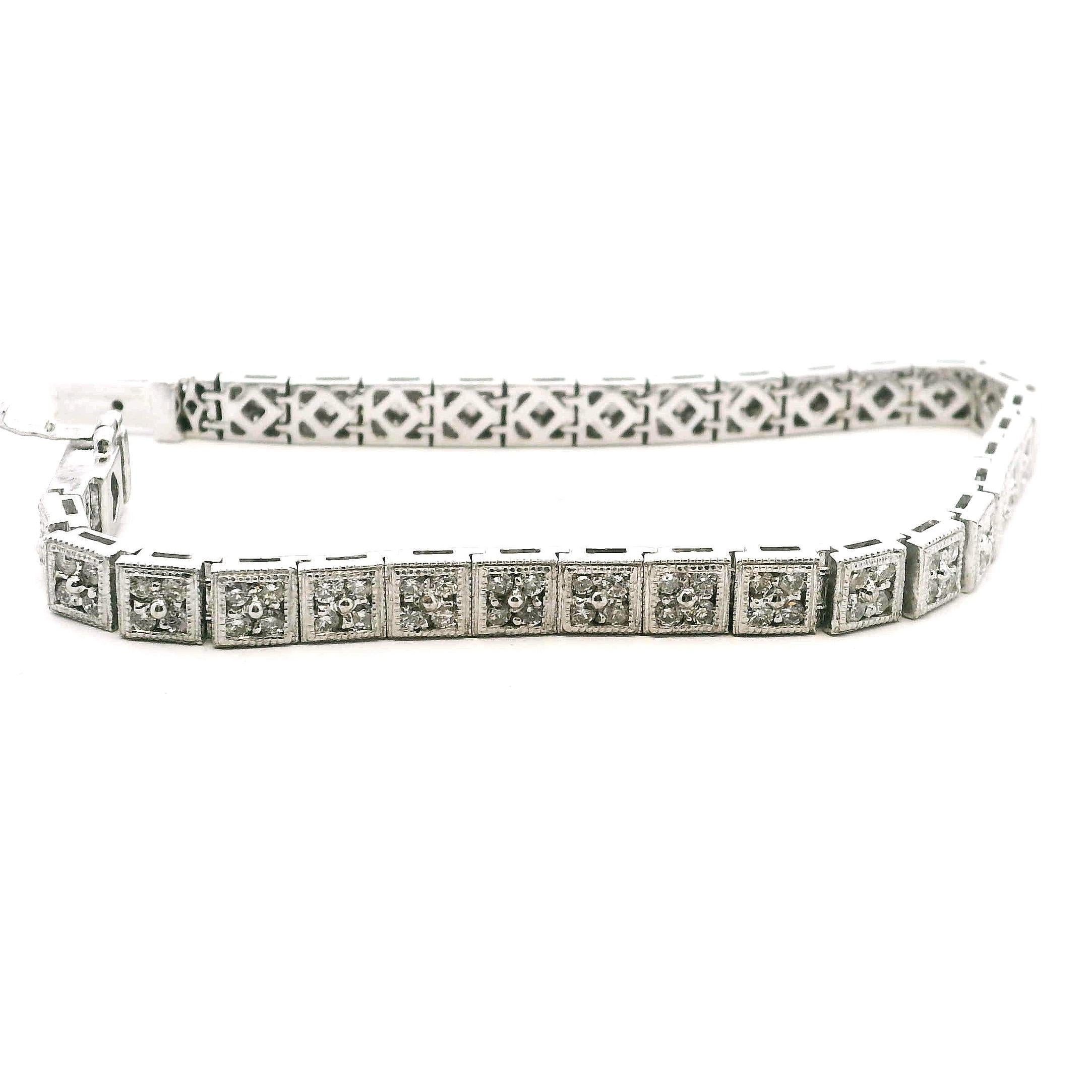 Pulsera de filigrana de diamantes Art Decó Revival de oro blanco de 14 quilates, 3,00 quilates de diamantes, 7 pulgadas en venta 5