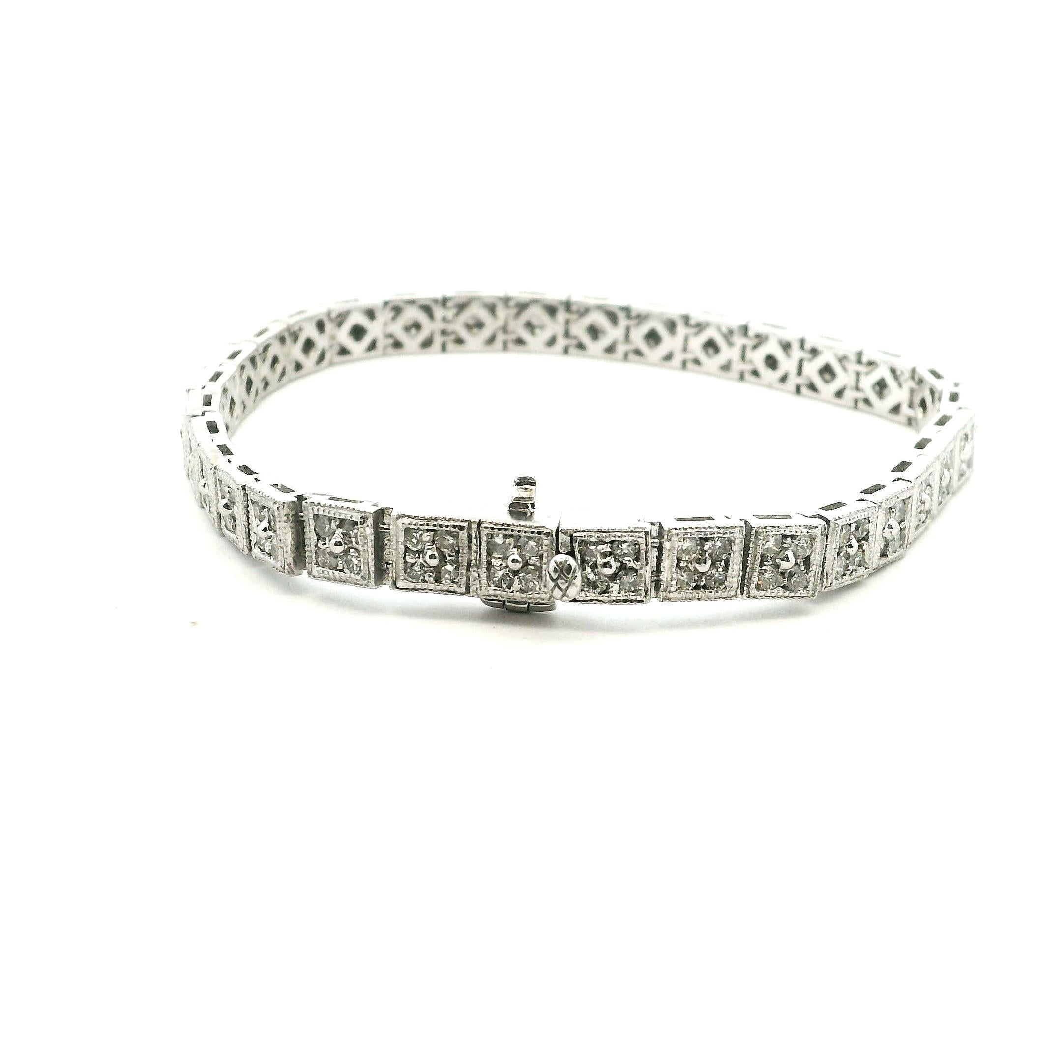 Pulsera de filigrana de diamantes Art Decó Revival de oro blanco de 14 quilates, 3,00 quilates de diamantes, 7 pulgadas en venta 6