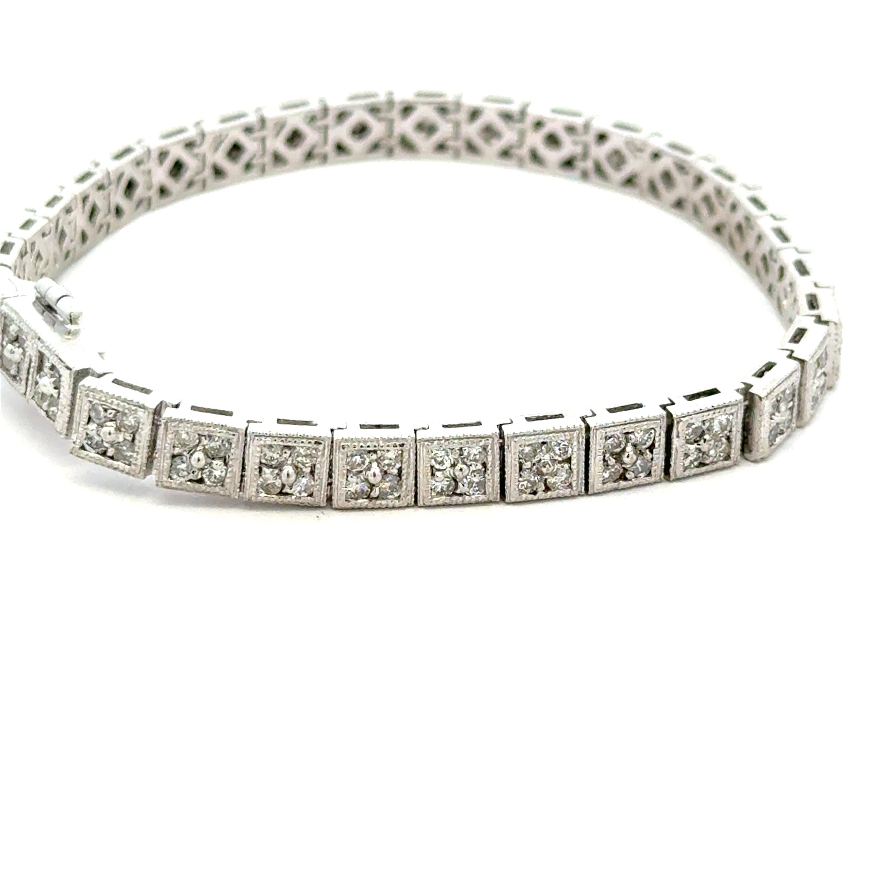 Pulsera de filigrana de diamantes Art Decó Revival de oro blanco de 14 quilates, 3,00 quilates de diamantes, 7 pulgadas Contemporáneo en venta