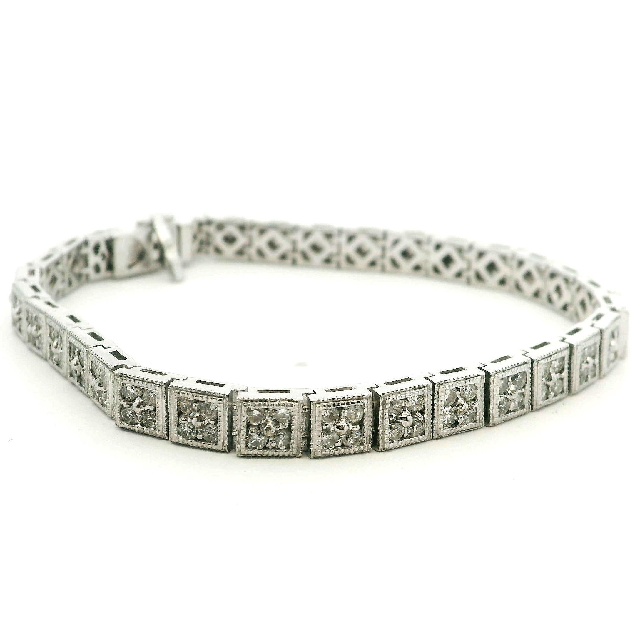 Pulsera de filigrana de diamantes Art Decó Revival de oro blanco de 14 quilates, 3,00 quilates de diamantes, 7 pulgadas en venta 1