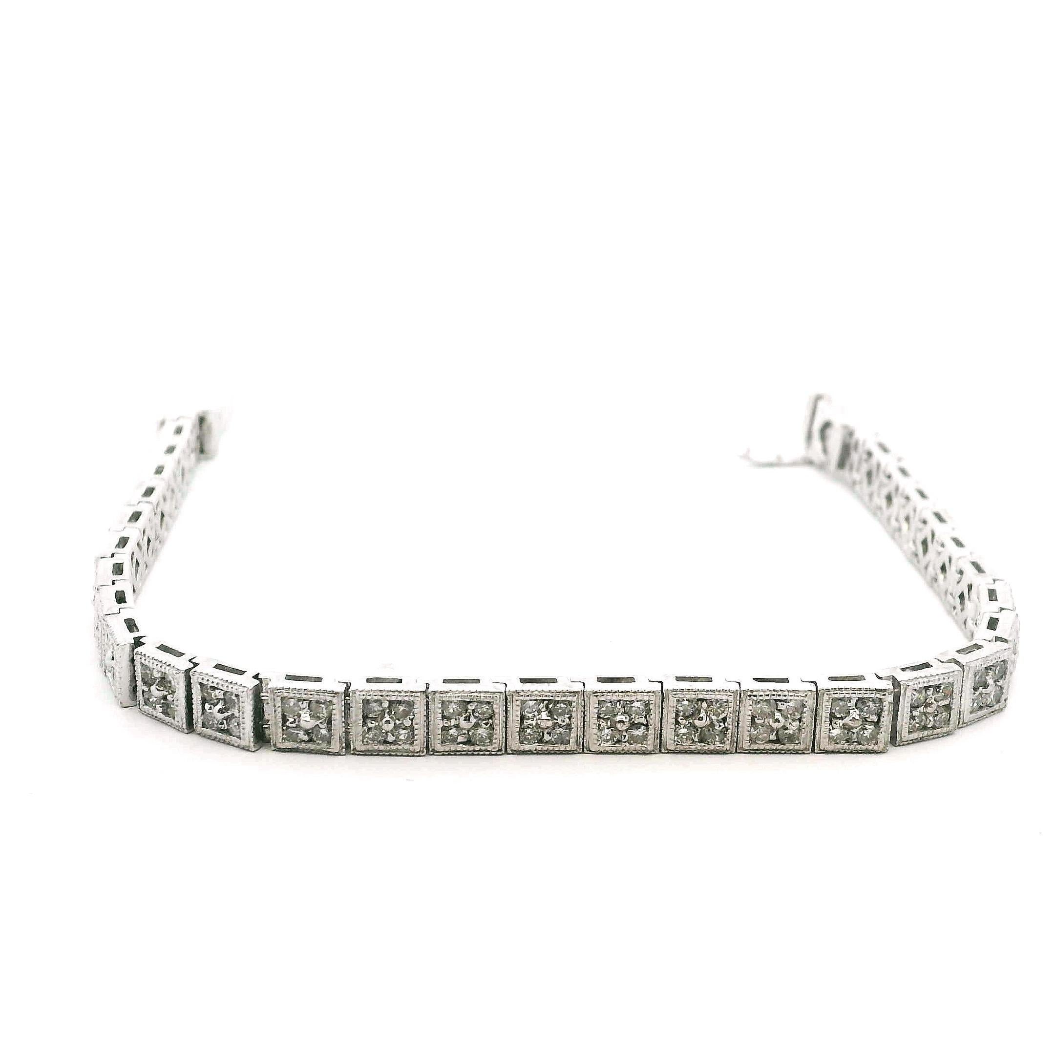 Pulsera de filigrana de diamantes Art Decó Revival de oro blanco de 14 quilates, 3,00 quilates de diamantes, 7 pulgadas en venta 3