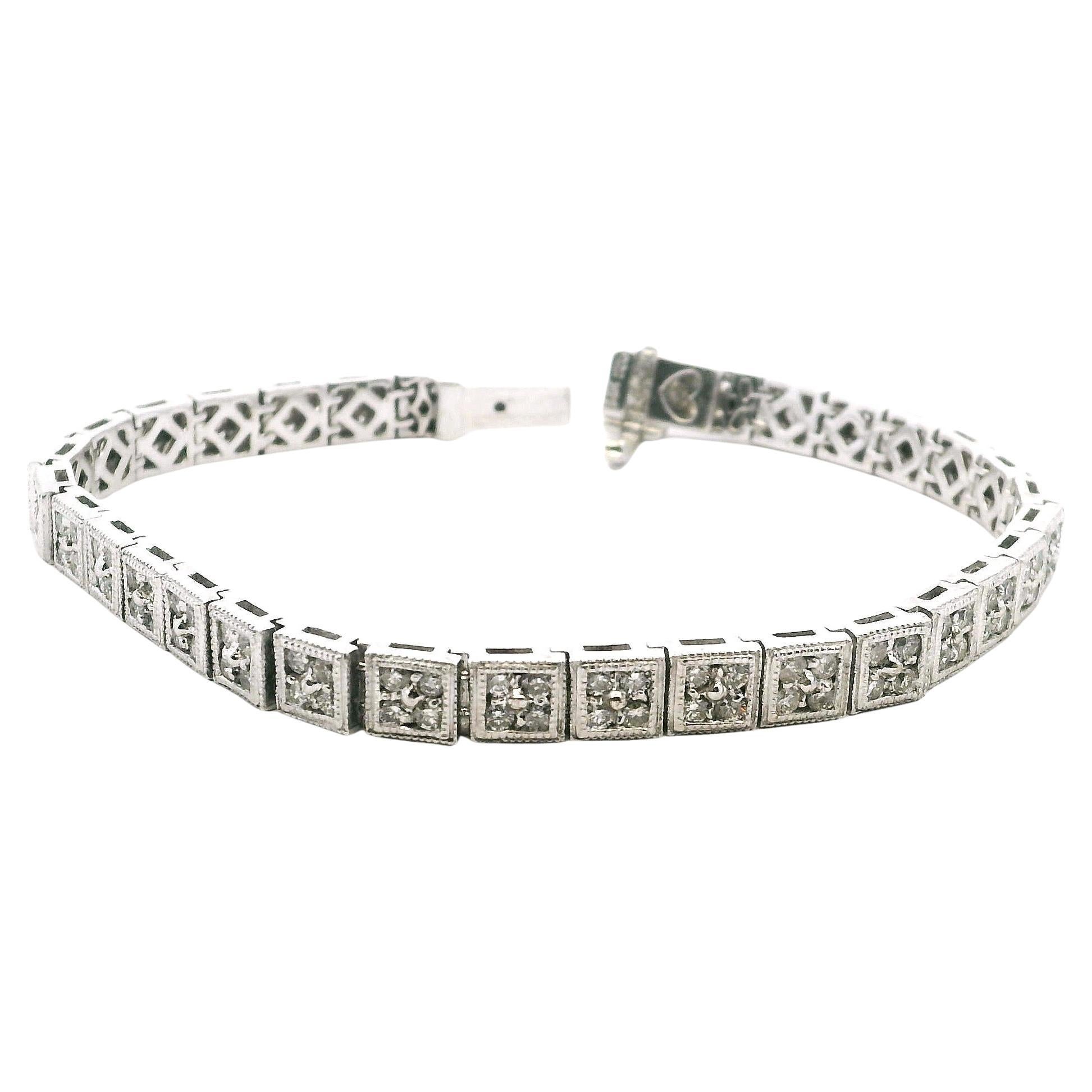 Pulsera de filigrana de diamantes Art Decó Revival de oro blanco de 14 quilates, 3,00 quilates de diamantes, 7 pulgadas en venta
