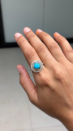 Art Deco Revival 1.52ct Round Turquoise & Diamond Halo Ring in 14K Yellow Gold