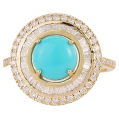 Art Deco Revival 1.52ct Round Turquoise & Diamond Halo Ring in 14K Yellow Gold