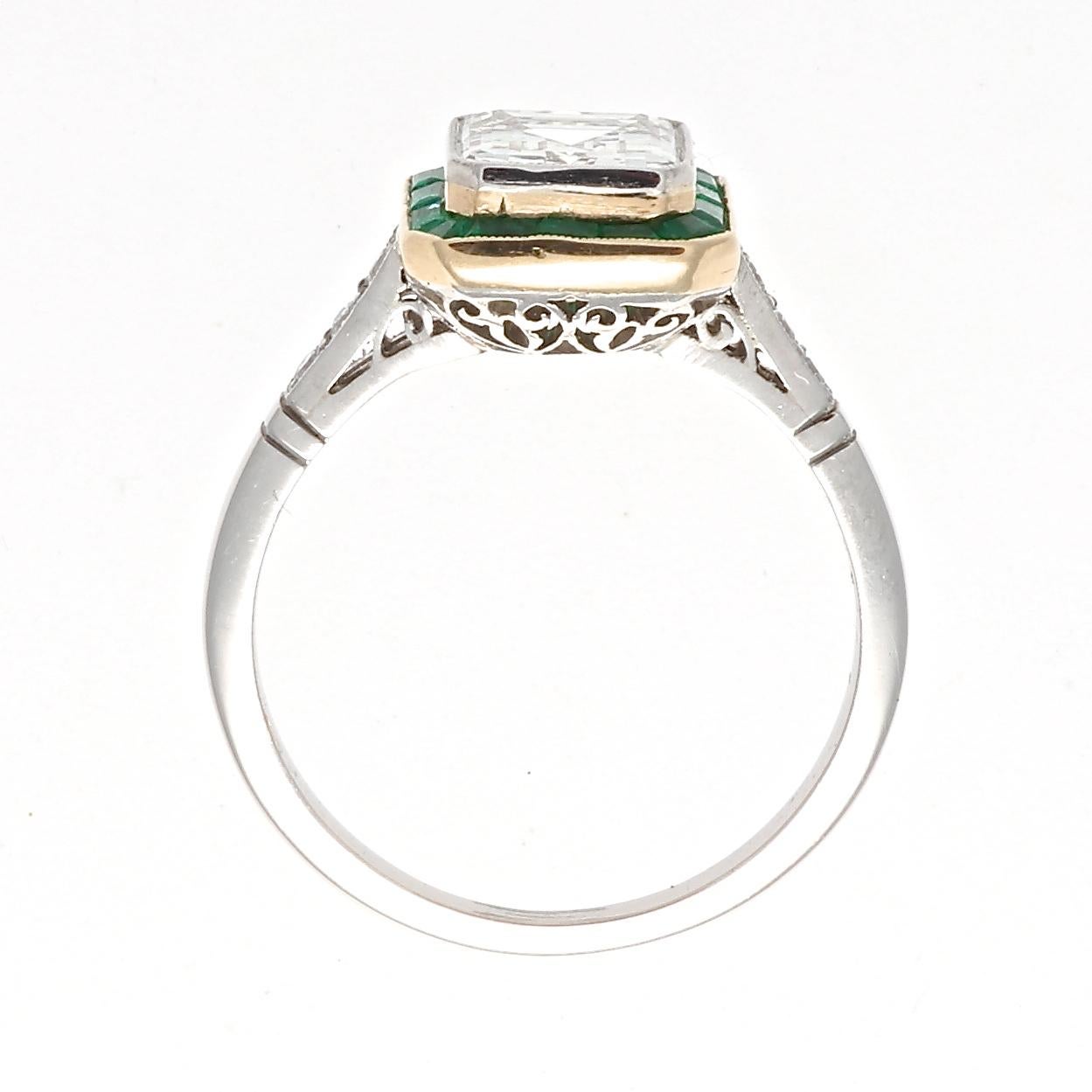 Art Deco Revival 1.54 Carat GIA Diamond Emerald Platinum Engagement Ring In New Condition In Beverly Hills, CA