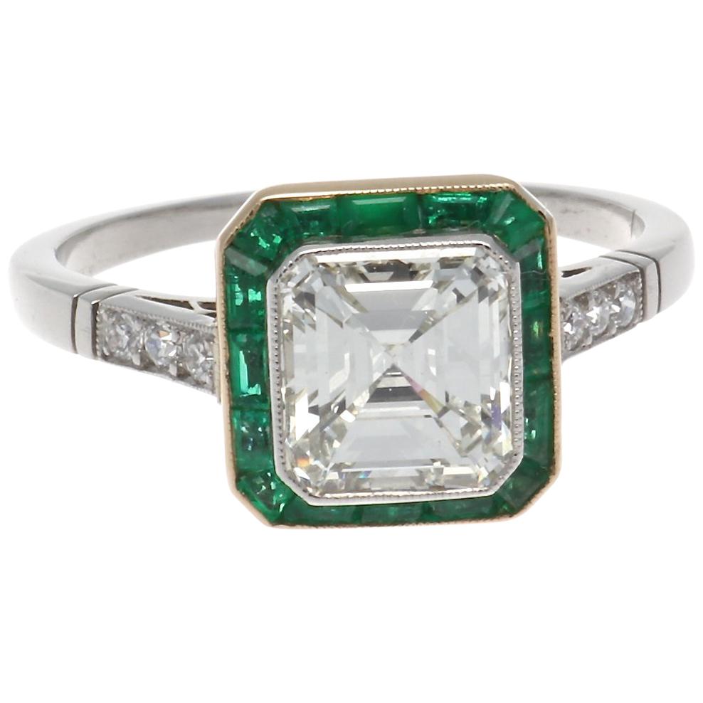 Art Deco Revival 1.54 Carat GIA Diamond Emerald Platinum Engagement Ring