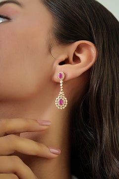 Art Deco Revival 1.71ct Ruby & 1.29ct Diamond Chandelier Drop Earrings 14K Gold
