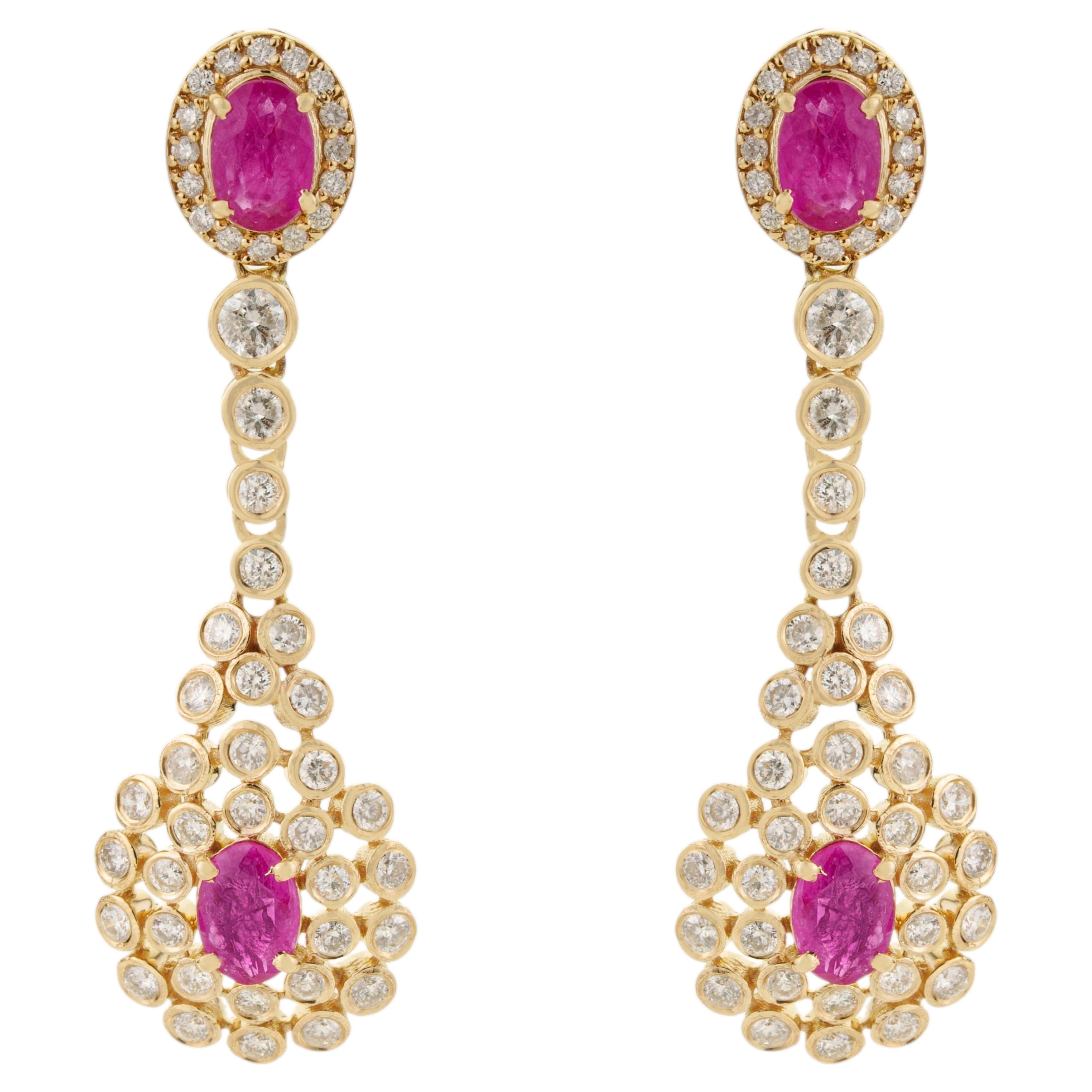 Art Deco Revival 1.71ct Ruby & 1.29ct Diamond Chandelier Drop Earrings 14K Gold For Sale