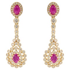 Art Deco Revival 1.71ct Ruby & 1.29ct Diamond Chandelier Drop Earrings 14K Gold