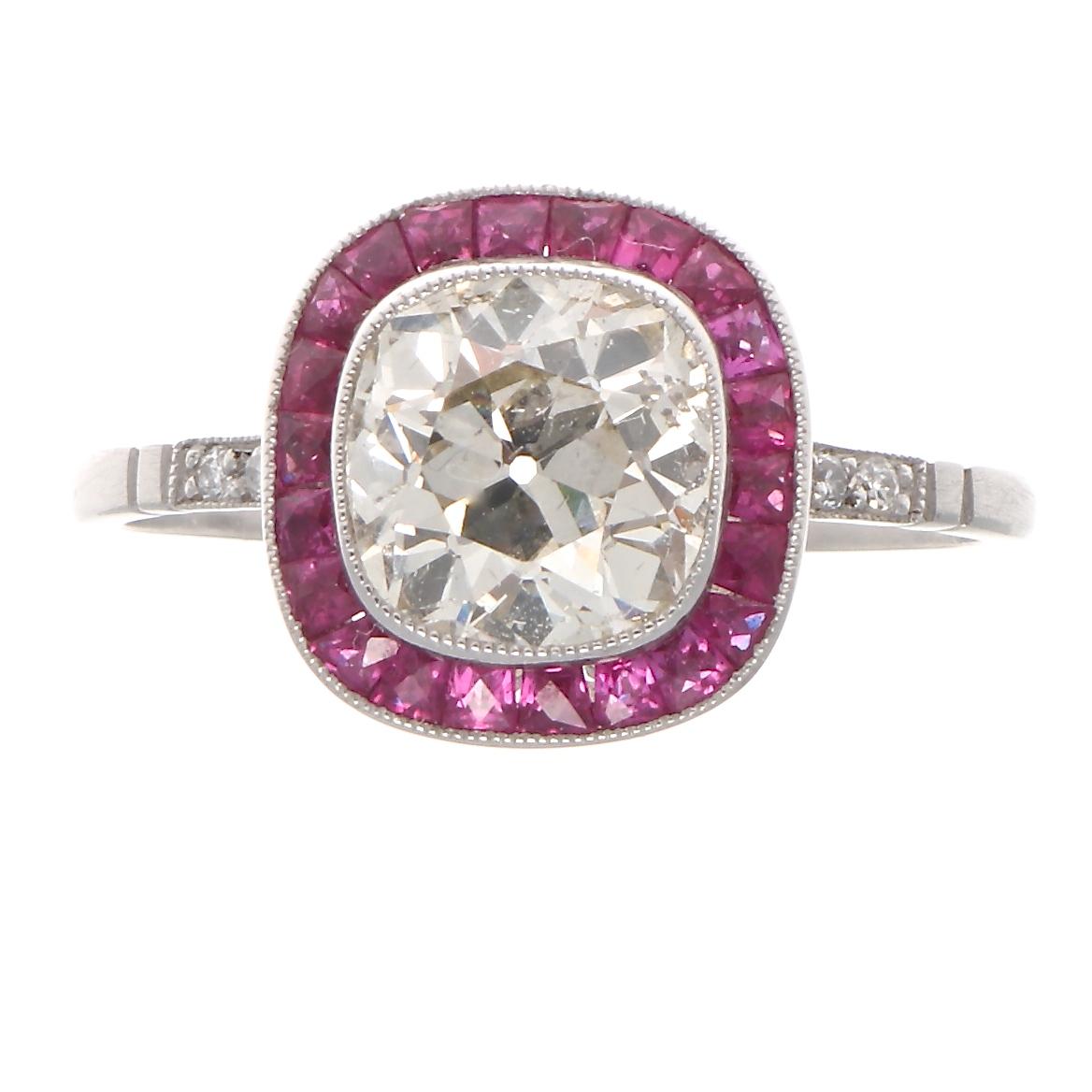 Art Deco Revival 1.84 Carat Diamond Ruby Platinum Engagement Ring