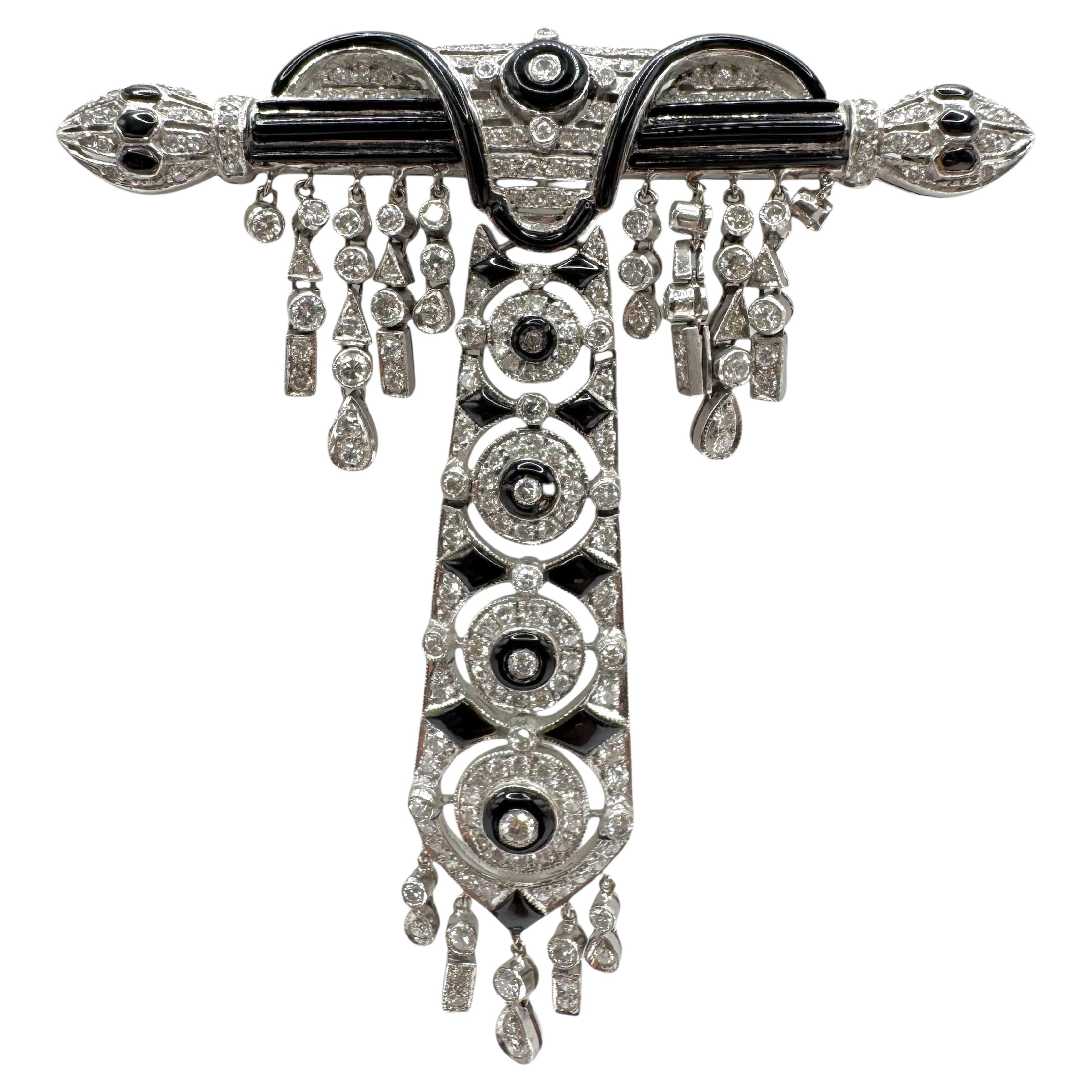 Art Deco Revival 18K White Gold Diamond and Onyx Dangle Brooch