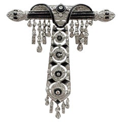 Broche pendante Art Déco Revival en or blanc 18 carats avec diamants et onyx