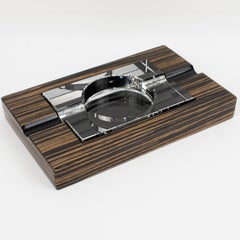 Art Deco Revival 1980 Crystal and Macassar Wood Cigar Ashtray Catchall Desk Tidy