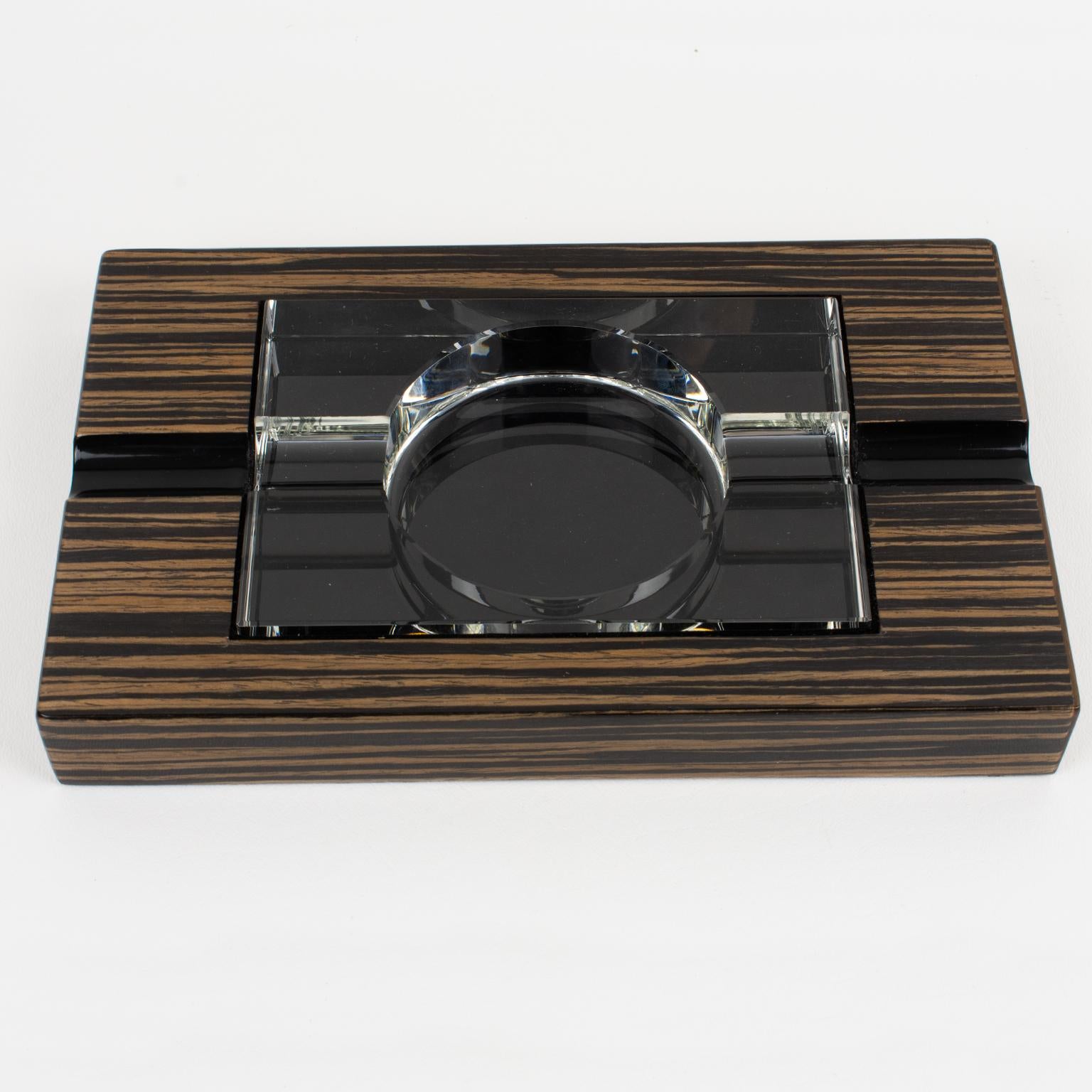 Art Deco Revival 1980 Crystal and Macassar Wood Cigar Ashtray Catchall Desk Tidy In Excellent Condition In Atlanta, GA