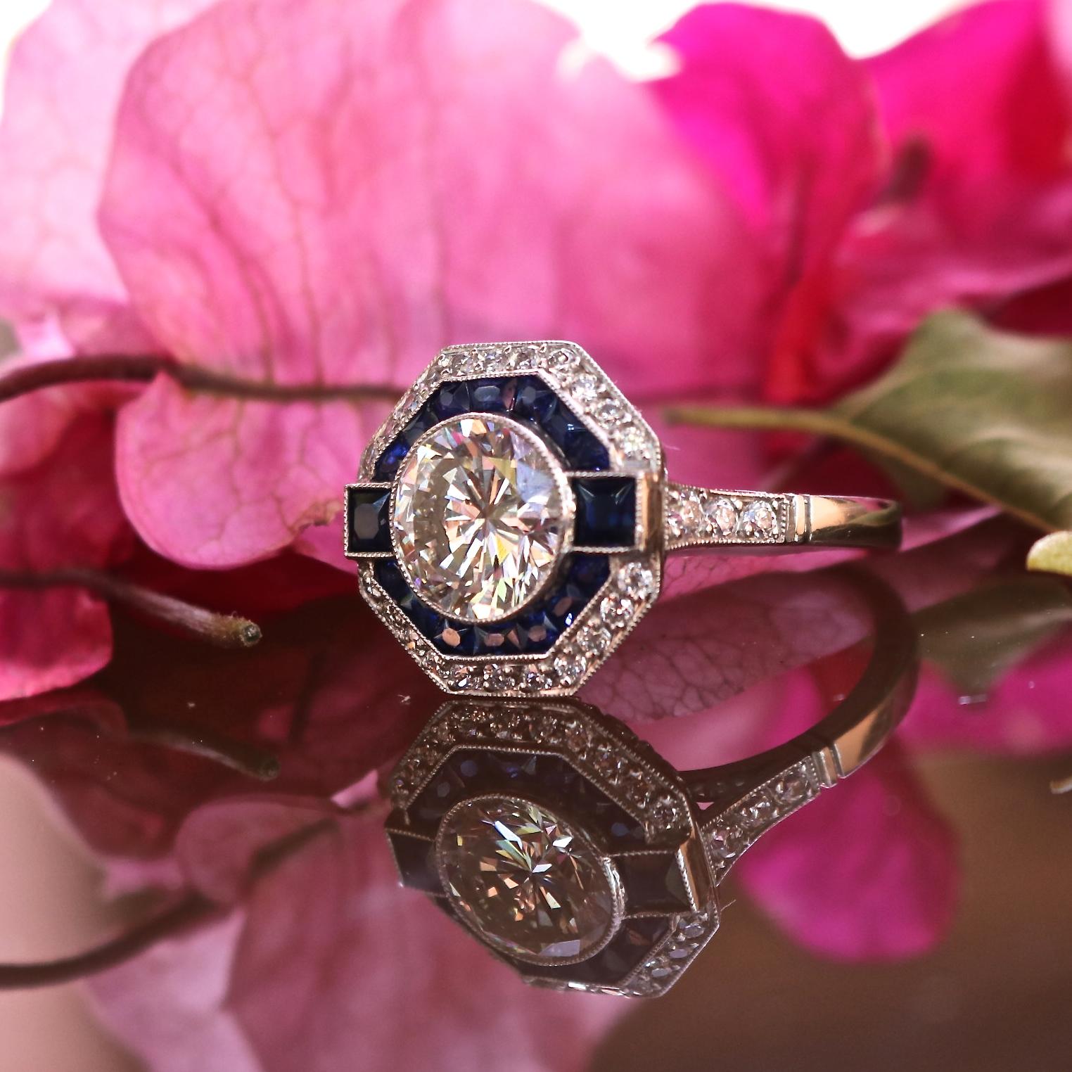 Round Cut Art Deco Style 2 Carat Diamond Sapphire Platinum Engagement Ring