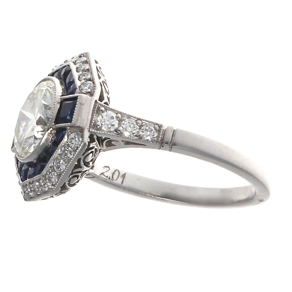 Art Deco Style 2 Carat Diamond Sapphire Platinum Engagement Ring In New Condition In Beverly Hills, CA