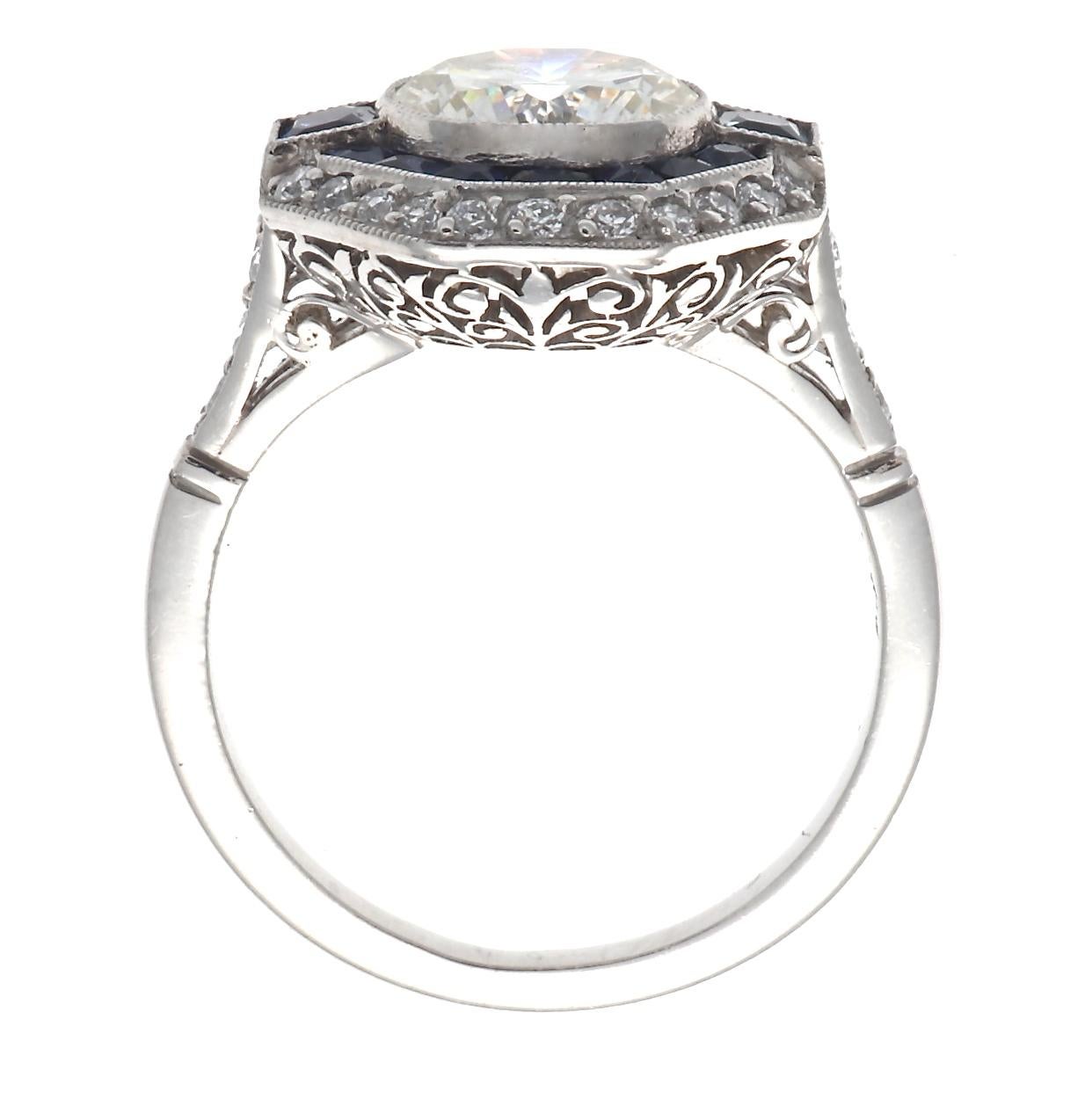 Women's Art Deco Style 2 Carat Diamond Sapphire Platinum Engagement Ring
