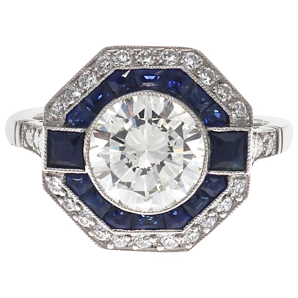 Art Deco Style 2 Carat Diamond Sapphire Platinum Engagement Ring
