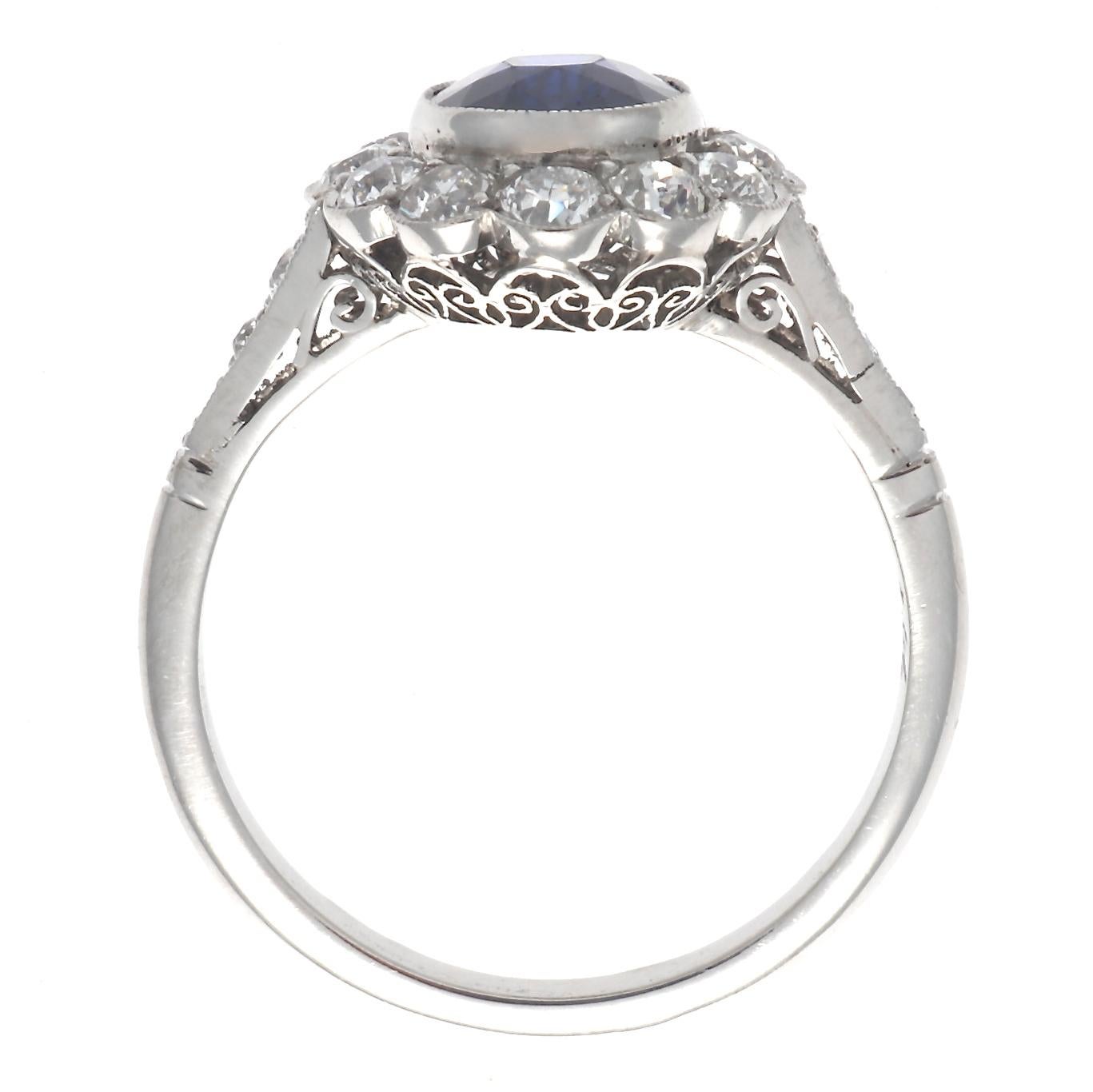 Art Deco Style 2 Carat Sapphire Diamond Platinum Cluster Ring In New Condition In Beverly Hills, CA