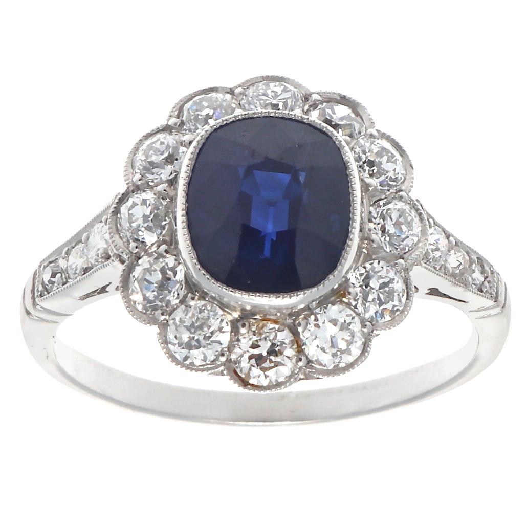 Art Deco Style 2 Carat Sapphire Diamond Platinum Cluster Ring