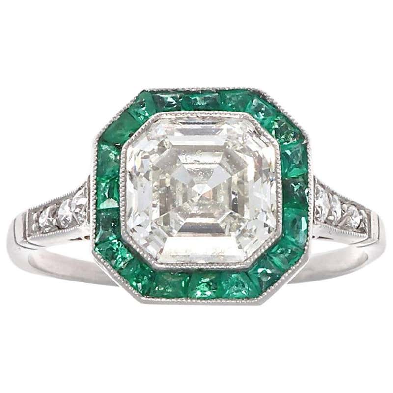 Art Deco Style 2.00 Carat Asscher Cut Diamond Emerald Platinum Ring For ...