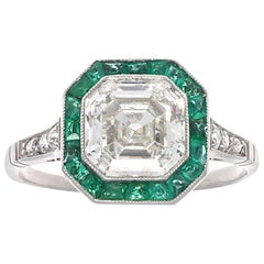 Art Deco Style 2.00 Carat Asscher Cut Diamond Emerald Platinum Ring