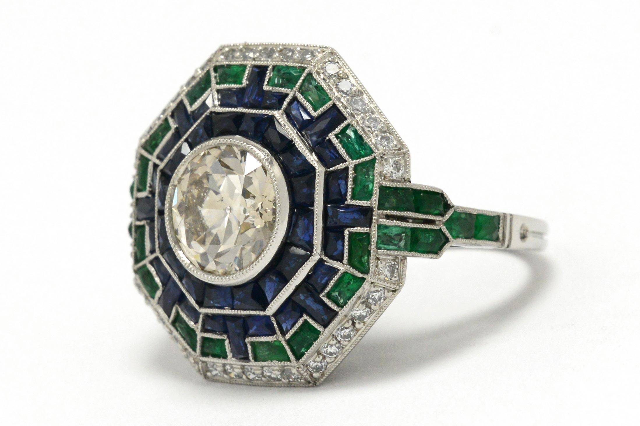 Women's Art Deco Revival 2.15 Carat Diamond Cocktail Ring Emerald Sapphire Octagon