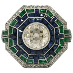 Art Deco Revival 2.15 Carat Diamond Cocktail Ring Emerald Sapphire Octagon