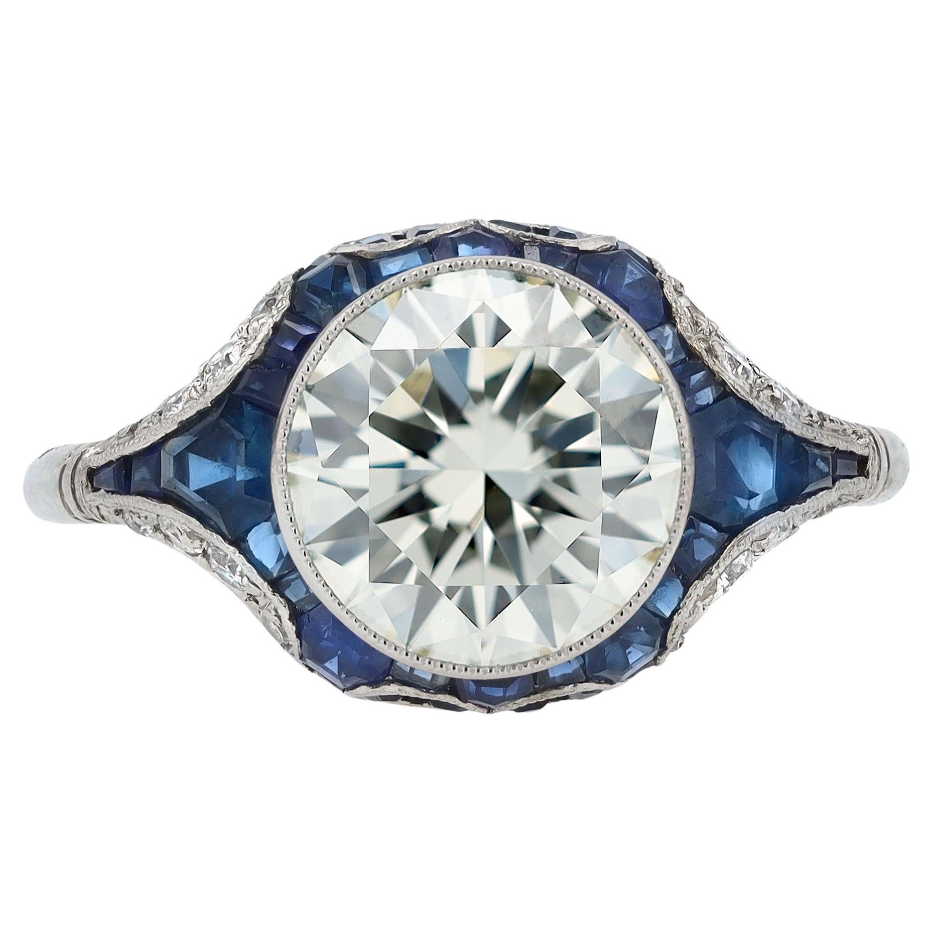 Round Cut Art Deco Revival 2.34 Carat Diamond & Sapphire Engagement Ring