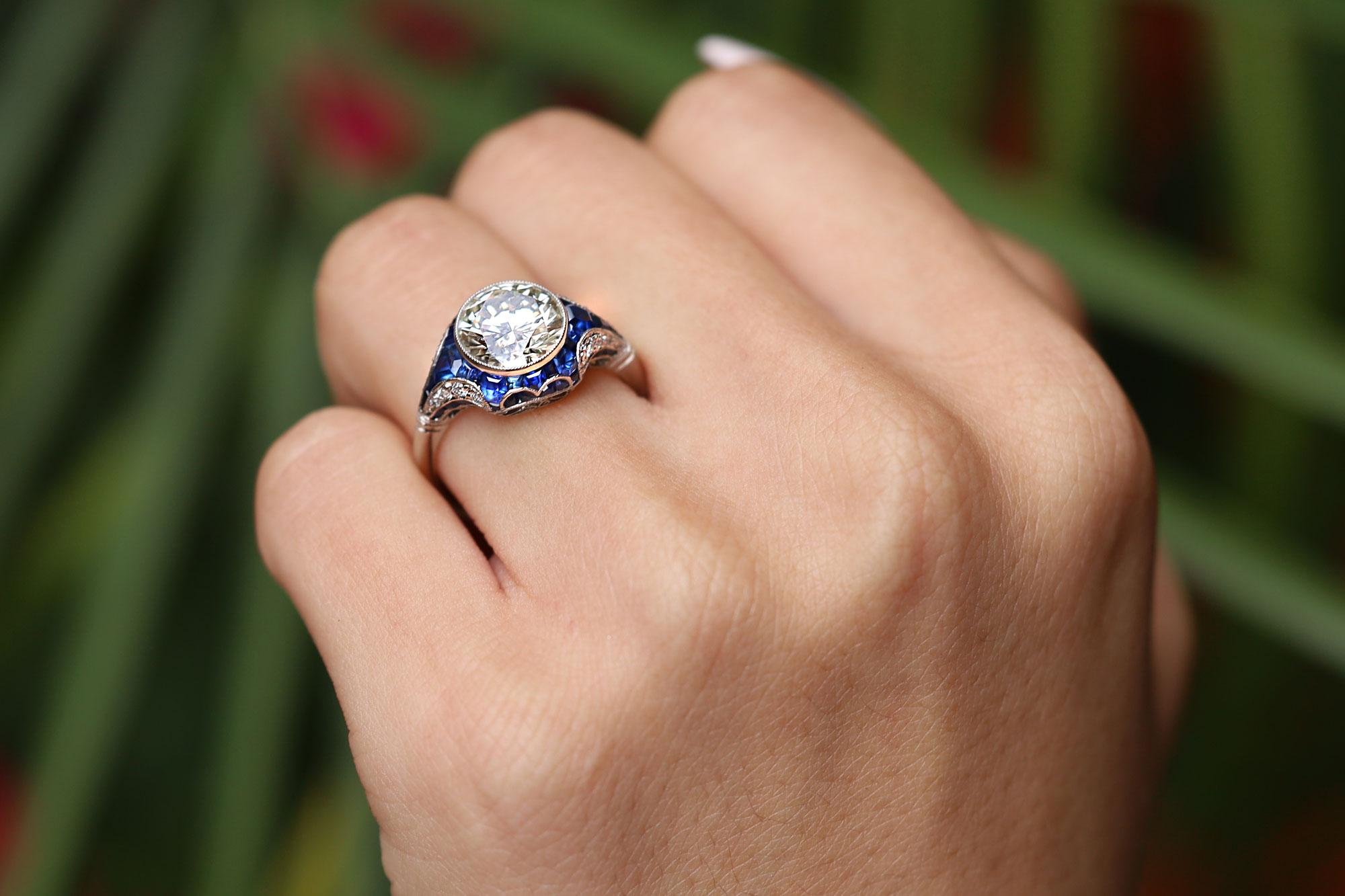 Art Deco Revival 2.34 Carat Diamond & Sapphire Engagement Ring In New Condition In Santa Barbara, CA